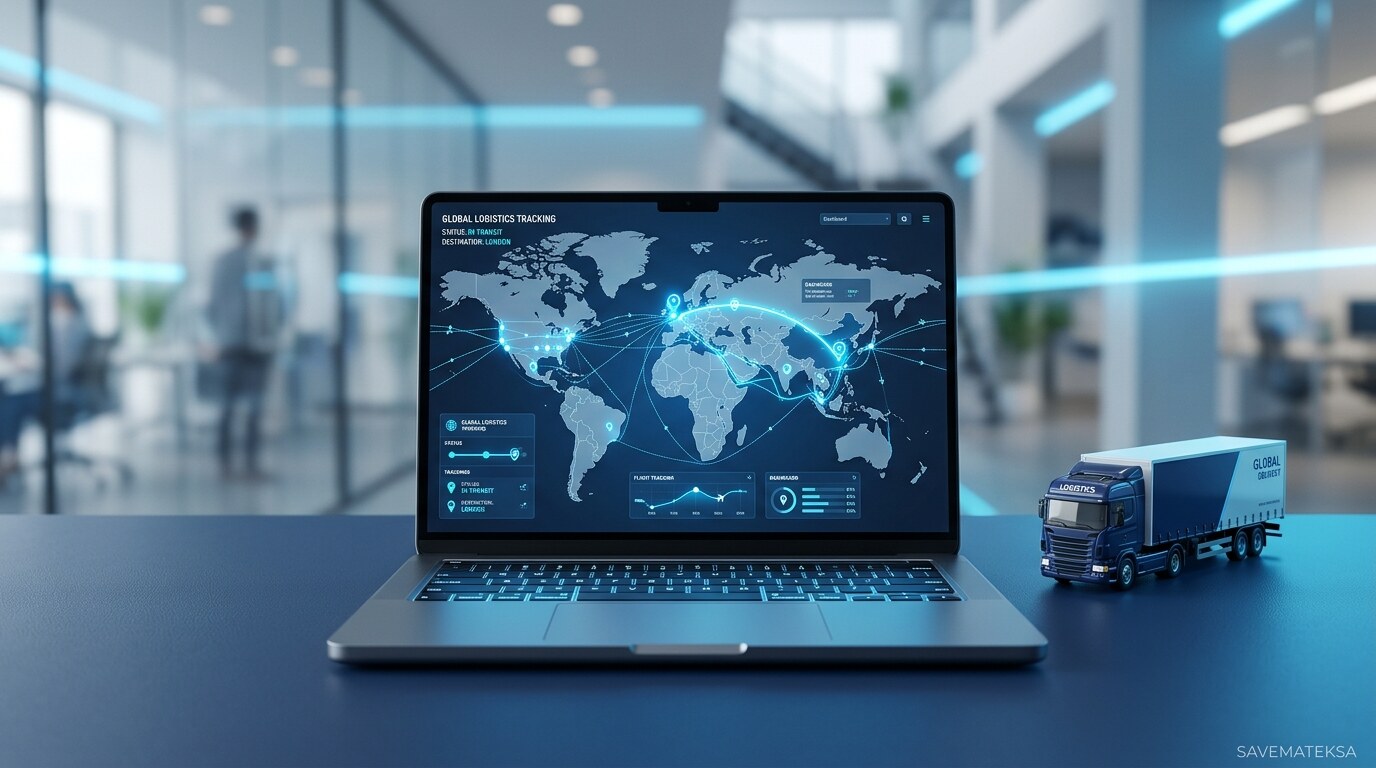 لابتوب يعرض مسار شحن عالمي لتوضيح تتبع الطلبات