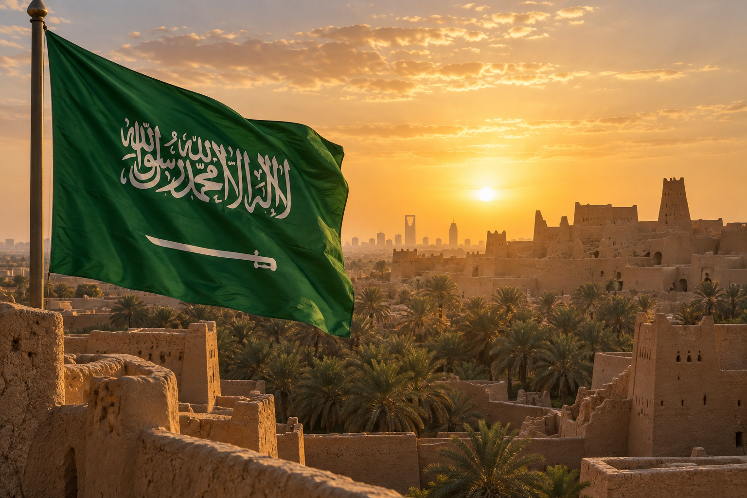 العلم السعودي فوق مشهد تراثي من الرياض