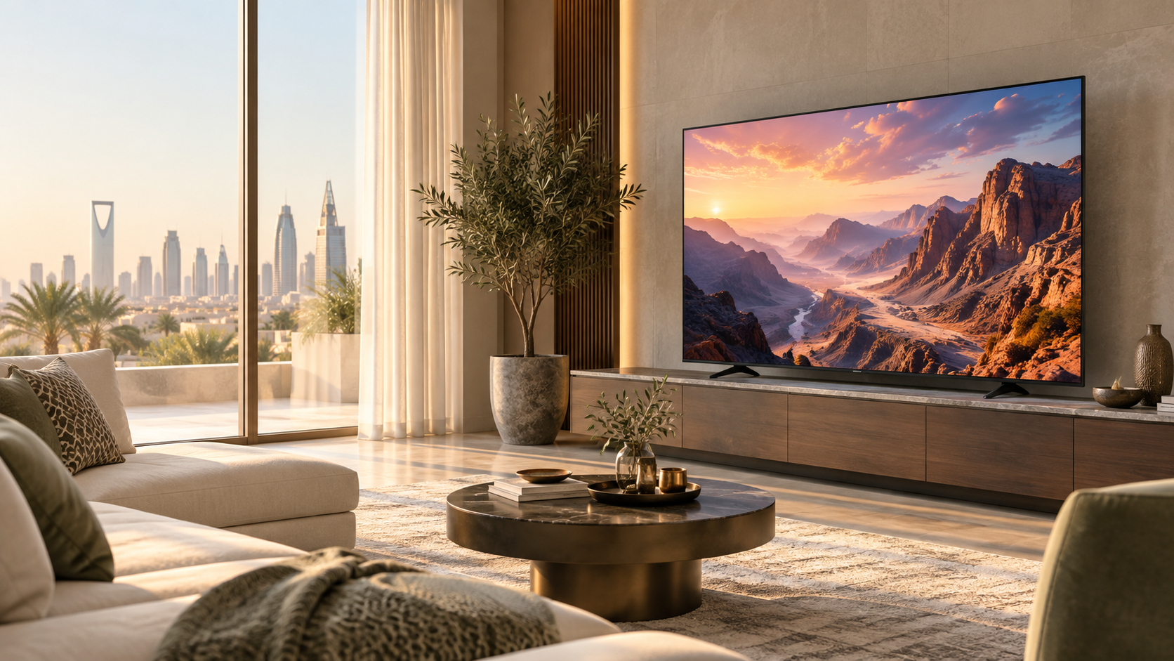 تلفزيون ذكي 4K في غرفة معيشة حديثة